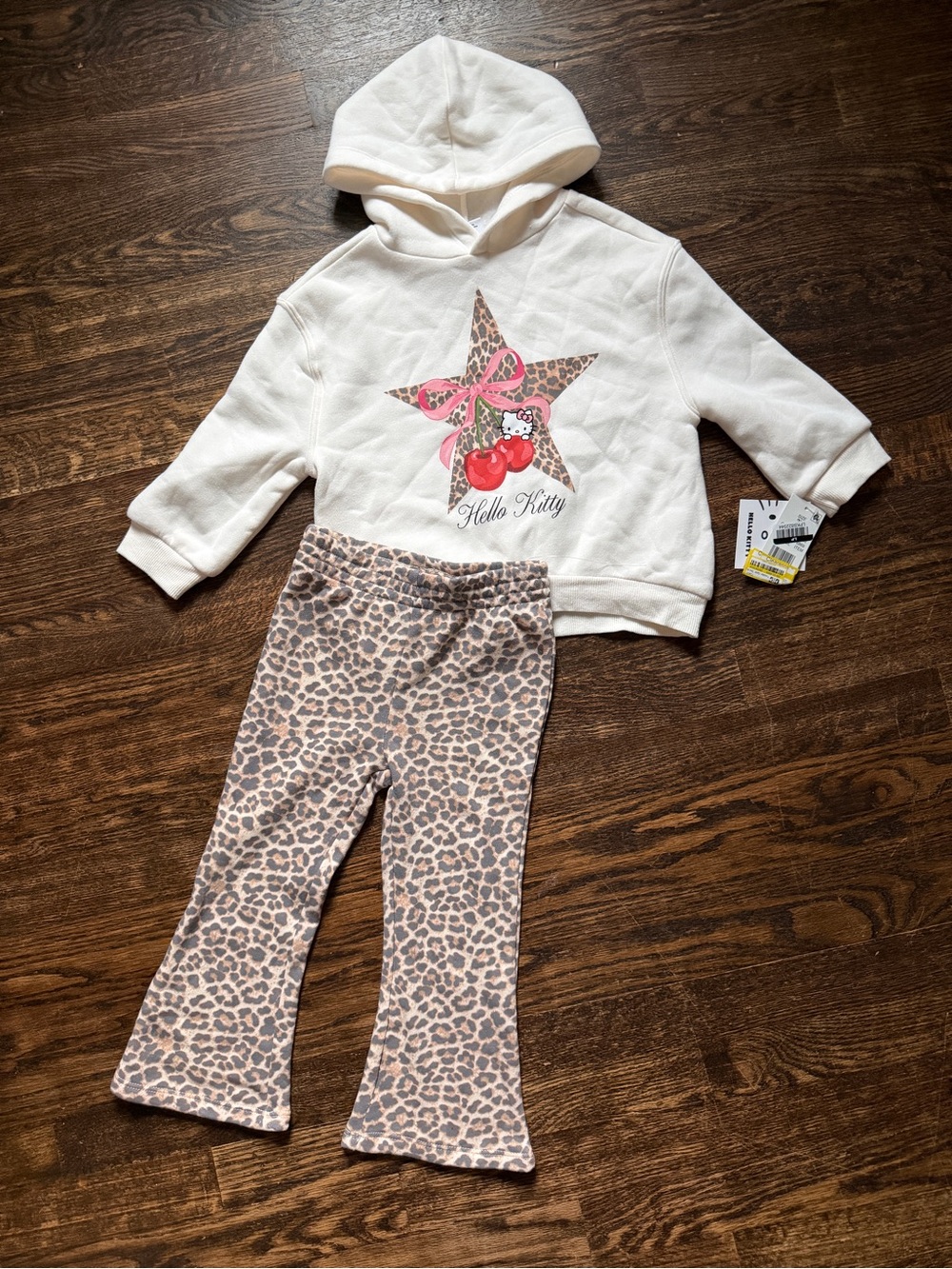 Hello Kitty Toddler Girls' Cream Hoodie & Leopard Print Flared Pants Set
